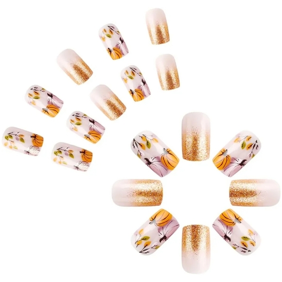 24 Pcs Press On Nails Thanksgiving Autumn Leaves Pumpkins Glitter Medium Square - Picture 4 of 7